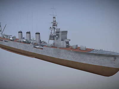 Vintage Warship With Multiple Funnels Tall Masts Gray And Brown Hull Deck Details 3d model