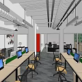 Spacious Public Office Space With Open Layout Desks Laptops Chairs And Large Windows 3d model
