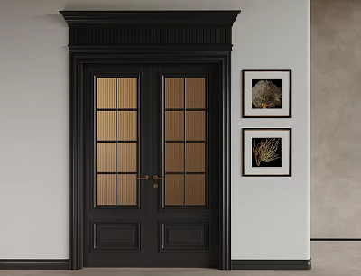 Black Double Doors With Glass Panels And Decorative Trim On White Wall With Framed Artworks 3d model