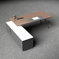 Modern Office Desk With Wooden Top Black Metal Legs And Storage Cabinet