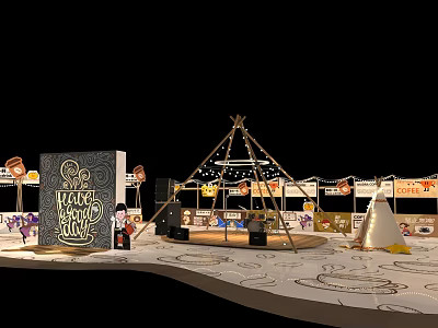 Vibrant Commercial Street With Tepee Tent String Lights Market Stalls And Decorative Signs 3d model