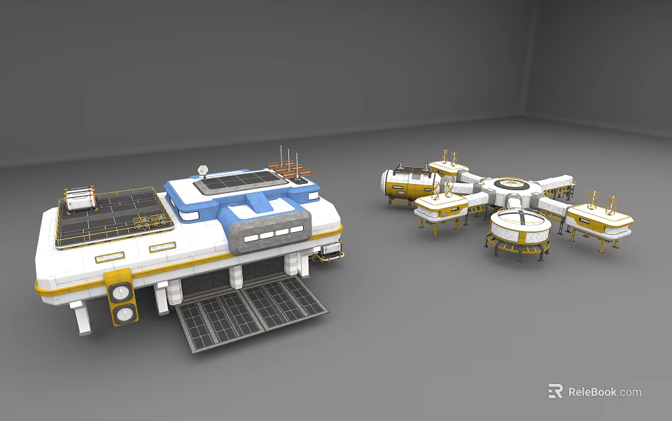 Futuristic Architectural Models Featuring Long Blue White Yellow Structure With Solar Panels And Circular Modules 3d model
