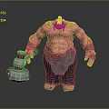 Muscular Tattooed Red Haired Giant Character Holding Stone Hammer With Green Apron
