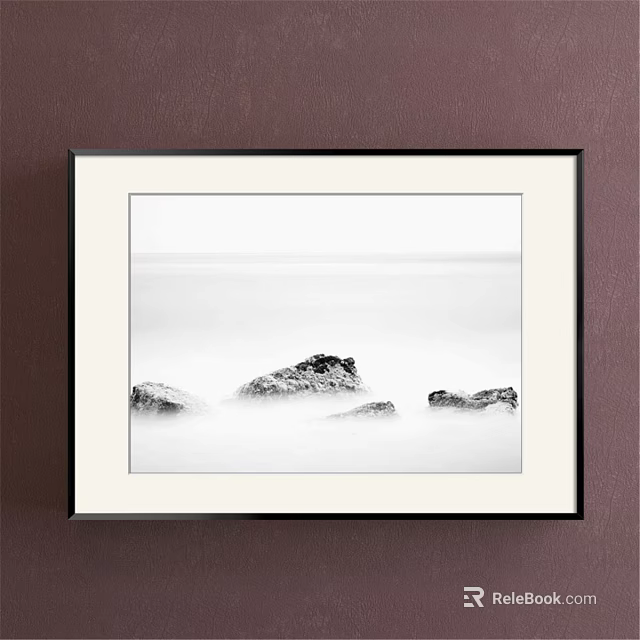 Minimalist Black And White Landscape Painting With Misty Rocks Framed In Black On Brown Wall 3d model 