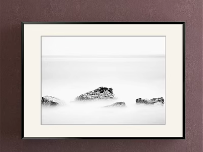 Minimalist Black And White Landscape Painting With Misty Rocks Framed In Black On Brown Wall 3d model