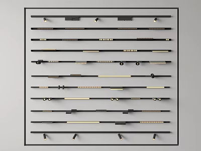 Different Styles Downlights And Spotlights Arranged On Wall Mounted Display Rack 3d model