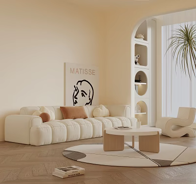 Minimalist Beige Sofa and Coffee Table Set in Living Room with Throw Pillows Rug Artwork 3d model