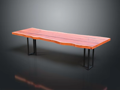 Modern Minimalist Long Table With Red Wooden Tabletop Natural Grain And Black Metal Legs 3d model