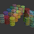 Colorful Stacked Oil Barrels In Blue Red And Yellow Arrangement