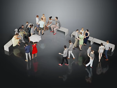 Group of People Standing and Sitting in Open Space with Benches and Interactions 3d model