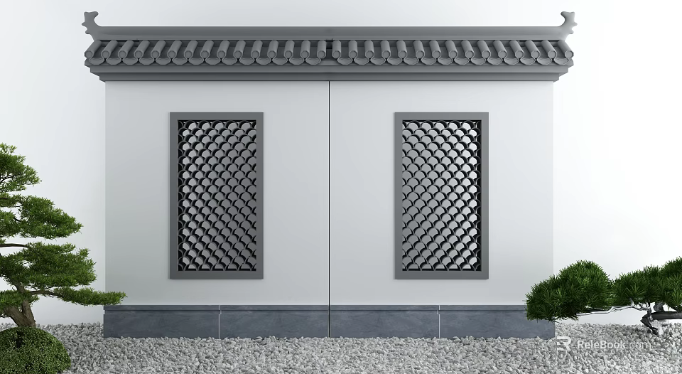 Traditional Chinese Garden Wall With Lattice Windows And Tile Roof Design 3d model 