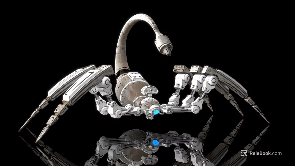 Mechanical Scorpion Futuristic Reptile With Silver Metal Structure Blue Light On Black Background And Reflection 3d model 