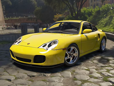 Yellow Porsche Sports Car Parked On Cobblestone Road With Trees And Buildings In Background 3d model