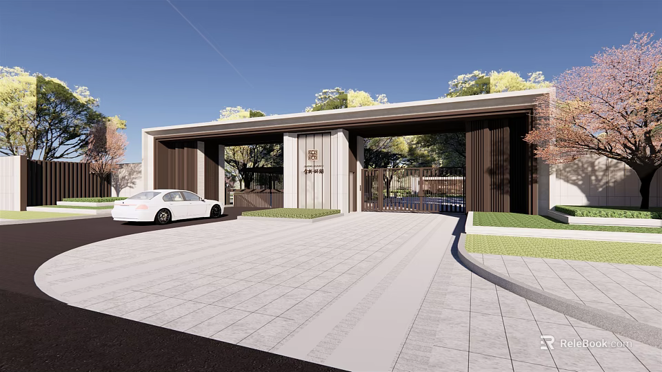 Elegant Modern Entrance Gate Design With Landscaped Gardens And Driveway 3d model 