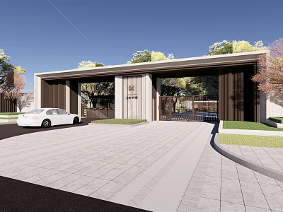 Elegant Modern Entrance Gate Design With Landscaped Gardens And Driveway 3d model