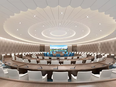 Modern Circular Conference Room With Large Screen White Chairs And Ceiling Design 3d model