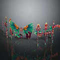 Vibrant Fantasy Weapons Spears Axes Swords With Green Wings And Ornate Red Gold Accents