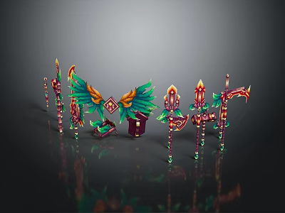 Vibrant Fantasy Weapons Spears Axes Swords With Green Wings And Ornate Red Gold Accents 3d model