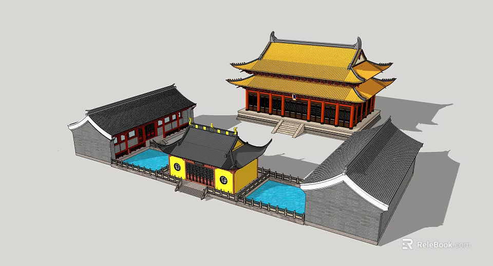 Ancient Chinese Architectural Complex With Yellow Glazed Tile Roof Overhanging Eaves Courtyard And Water Pools 3d model 
