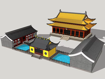 Ancient Chinese Architectural Complex With Yellow Glazed Tile Roof Overhanging Eaves Courtyard And Water Pools 3d model