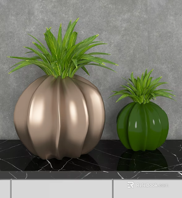 Decorative Gold And Green Vases With Green Plants Against Gray Wall And Black Marble Countertop 3d model 
