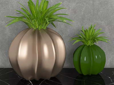 Decorative Gold And Green Vases With Green Plants Against Gray Wall And Black Marble Countertop 3d model