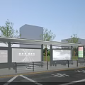 Modern Bus Station Exterior With Shelter Benches Advertising Screens Trees And Surrounding Buildings