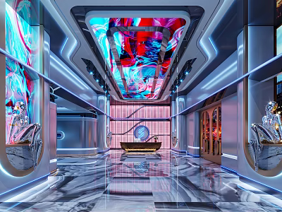 Modern KTV Interior Design With Colorful Ceiling Lighting Luxury Seats And Shiny Floors 3d model