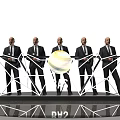 Modern Reception Desk with Five People in Suits Behind Geometric Light Design BAS Logo and Globe