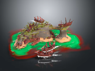 Cartoon Island Scene With Pirate Ships Green Water Trees And Sandy Beaches 3d model