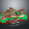 Cartoon Island Scene With Pirate Ships Green Water Trees And Sandy Beaches