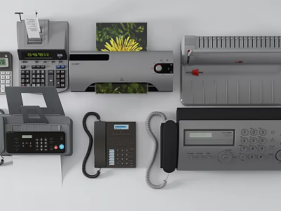 Essential Office Appliances Collection With Printer Fax Machine Telephone Calculator And Shredder 3d model