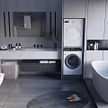 Modern Bathroom Interior With Freestanding Bathtub Washing Machine Vanity Mirror Cabinets And Tiled Floor