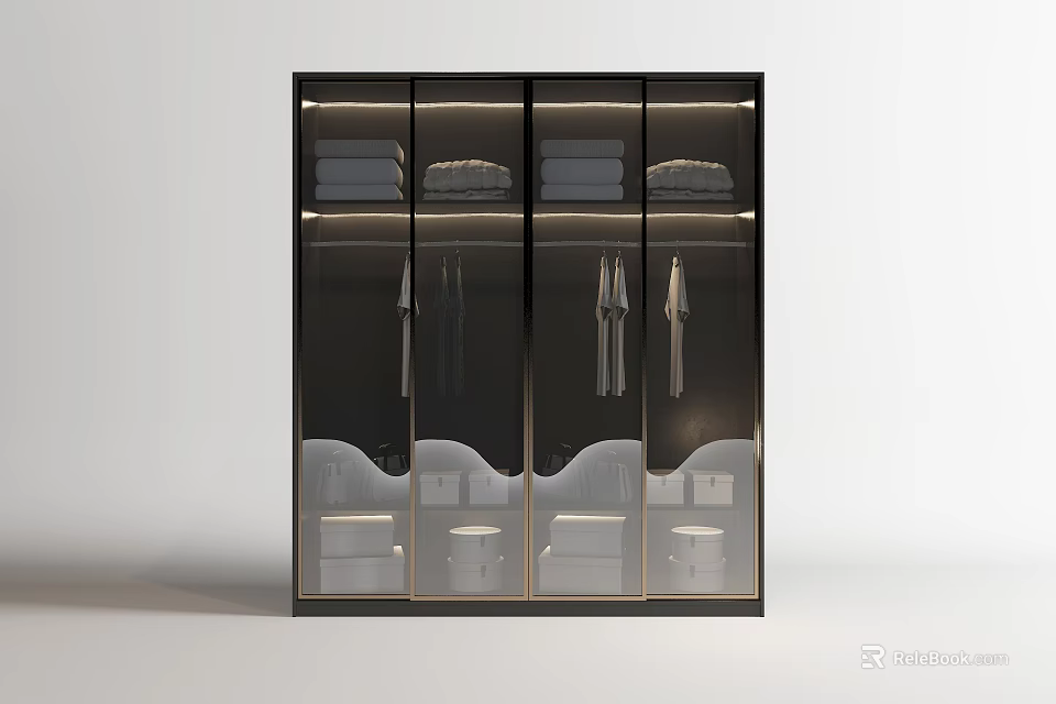 Modern Wardrobe With Glass Doors Hanging Clothes Folded Clothes and Interior Lighting 3d model 