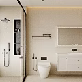 Modern Bathroom Interior Design With Glass Shower Enclosure White Toilet Vanity Mirror And Tile Walls