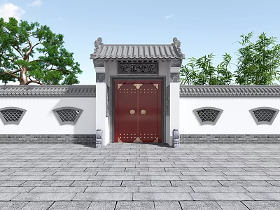 Ancient Chinese Traditional Architecture Red Wooden Gate With Grey Tile Roof And Stone Carving Decorations 3d model