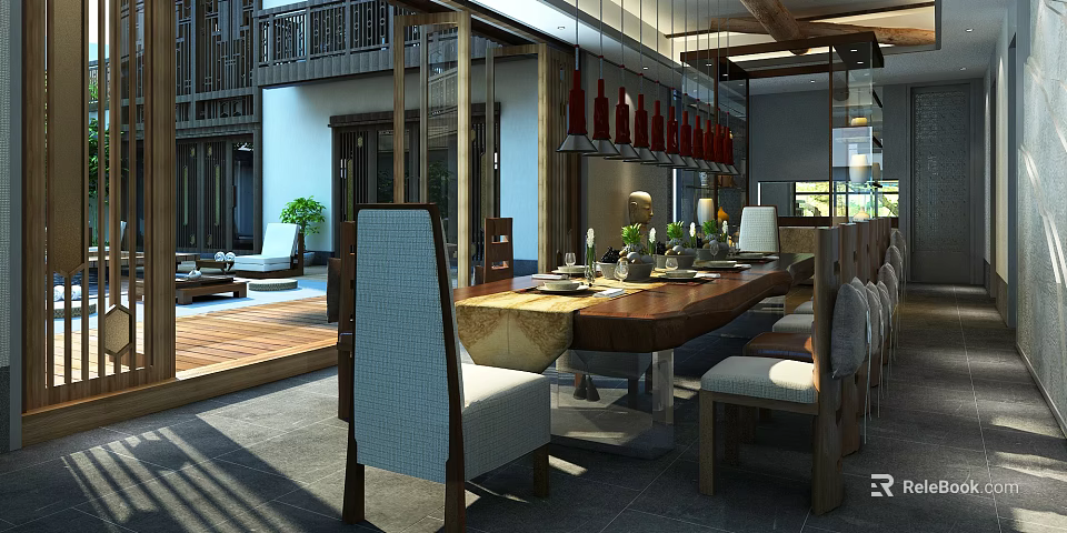 Modern Restaurant Interior Featuring Wooden Dining Table Comfortable Chairs Open Layout And Decorative Plants 3d model 