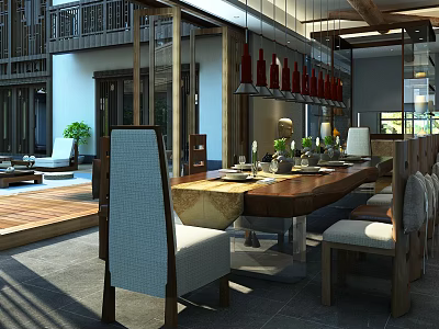 Modern Restaurant Interior Featuring Wooden Dining Table Comfortable Chairs Open Layout And Decorative Plants 3d model