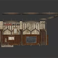 Vintage Interior Scene Structure With Wooden Shelves Blackboard Carved Panels And Decorative Beams