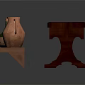 Rustic Wooden Bench And Shelf Display With Green Bottle Terracotta Amphora And Small Goblet