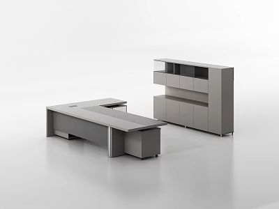 Modern Office Desk With Smooth Surface Drawers And Storage Cabinet With Shelves 3d model