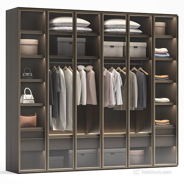 Modern Wooden Wardrobe With Hanging Clothes Folded Items Shelves And Storage Boxes 3d model 