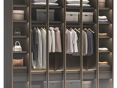 Modern Wooden Wardrobe With Hanging Clothes Folded Items Shelves And Storage Boxes 3d model