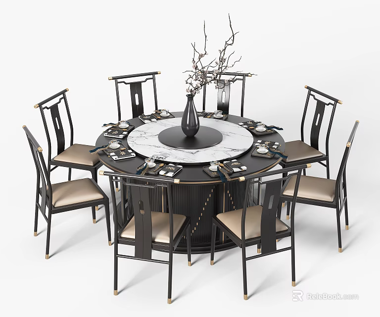 Modern Round Dining Table Set with Six Chairs and Marble Top Decoration 3d model