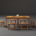 Simple Wooden Rectangular Dining Table Set With Six Matching Stools 3d model