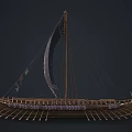 Ancient Wooden Boat With Blue Decorated Sail And Traditional Wooden Oars Structure