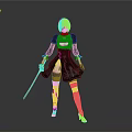 Woman in black lace dress with short white hair holding blue sword wearing long boots
