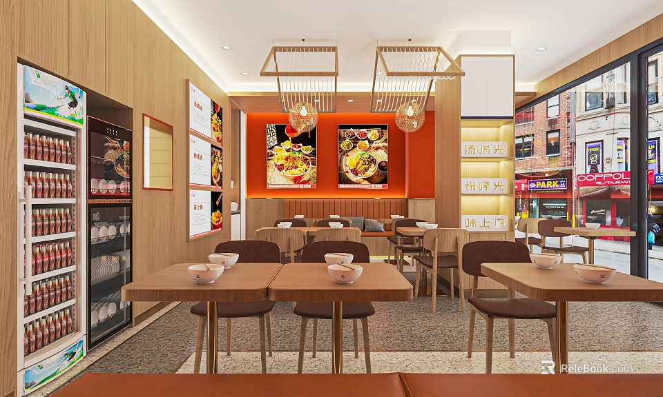 Cozy Restaurant Interior With Wooden Walls Orange Accents Pendant Lights Dining Tables And Menu Posters 3d model 