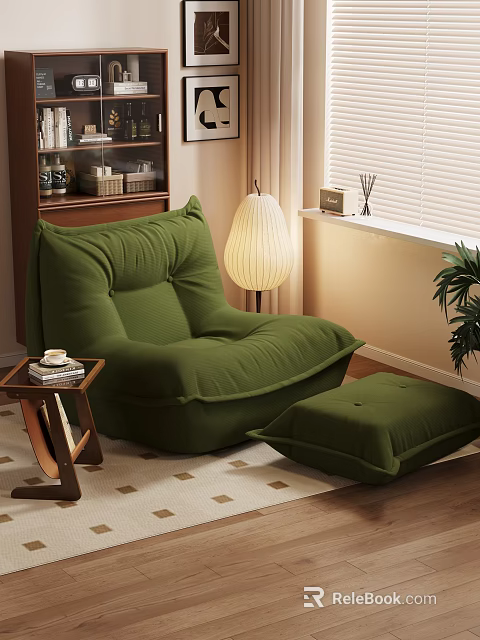 Comfy Green Lazy Sofa and Side Coffee Table with Matching Ottoman in Cozy Living Room 3d model 