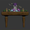 Colorful Entertainment Table With Small Buildings Trees Purple Sphere And Green Decorations